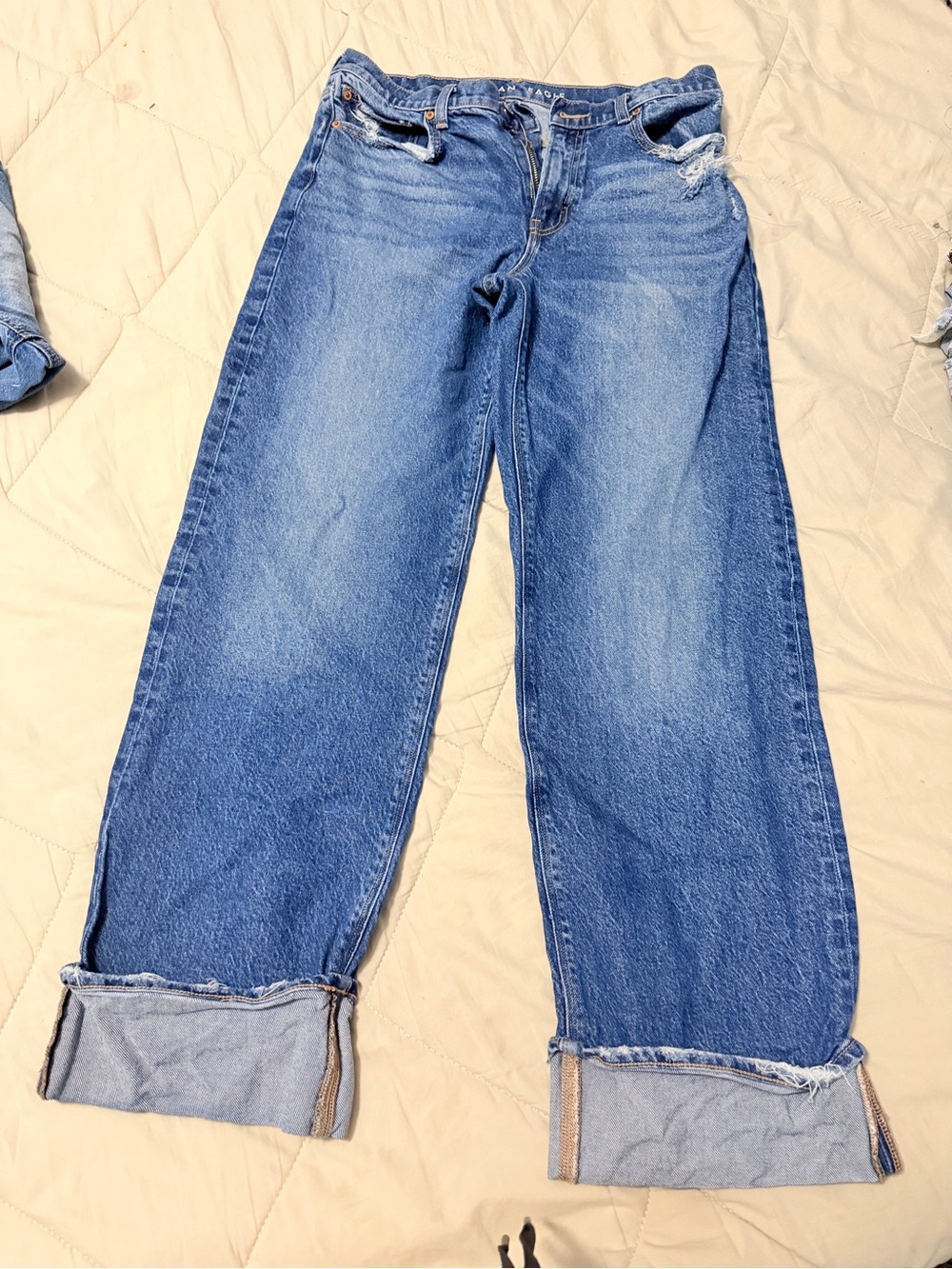 American Eagle Outfitters Medium Blue Distressed Boyfriend Jeans with Cuffed Hem